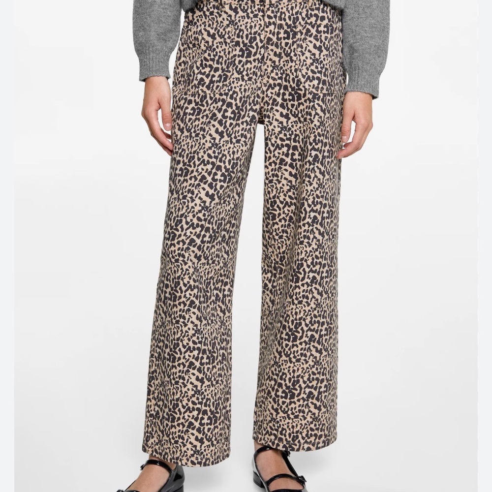 Mango Leopard Print Wide Leg Pants - Black and Tan